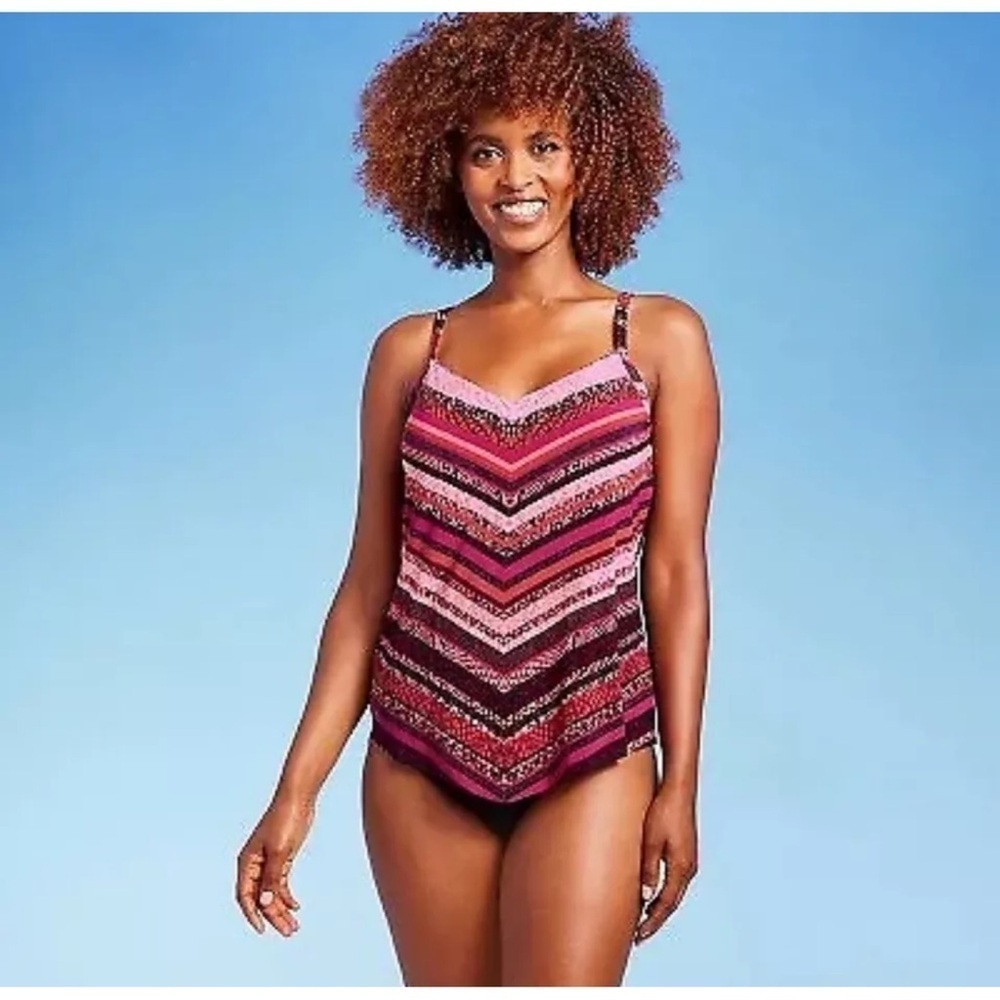 Tankini Swim bikini Top Aqua Green Pink Chevron Print Size M